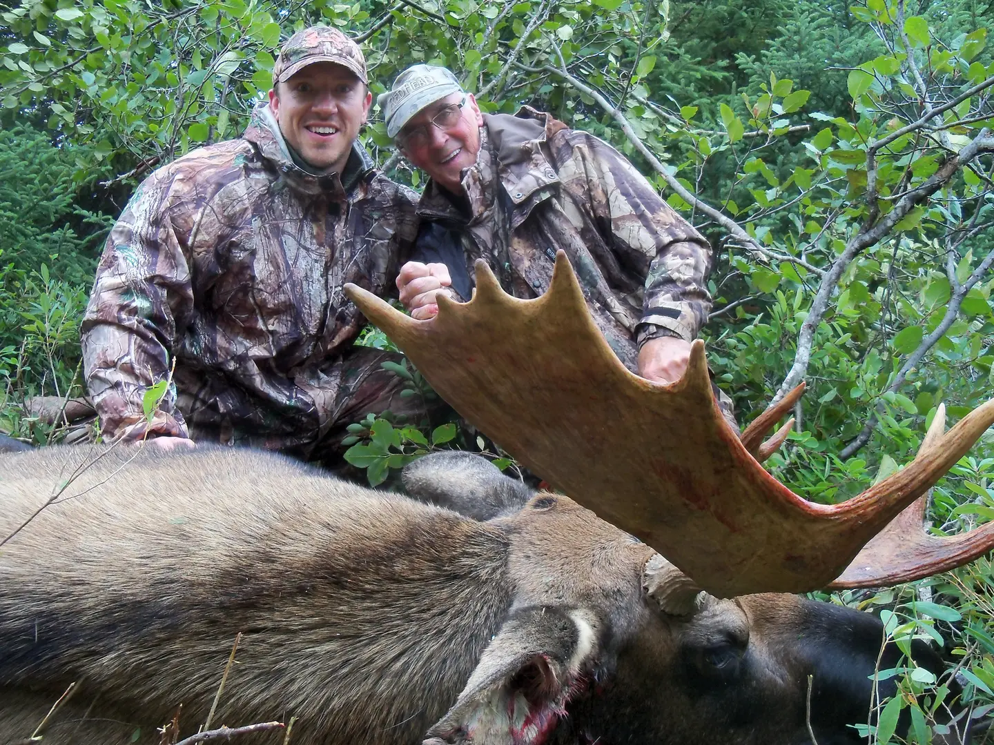 Two men posing next to a dead moose
