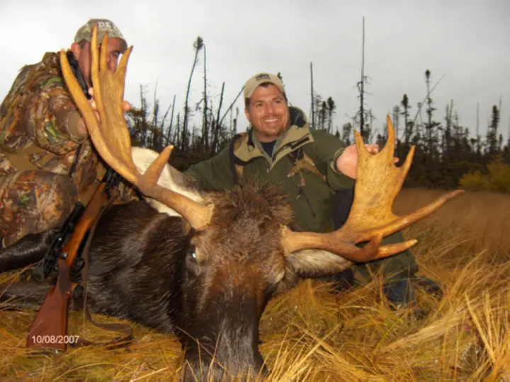 Two men with their hunted moose